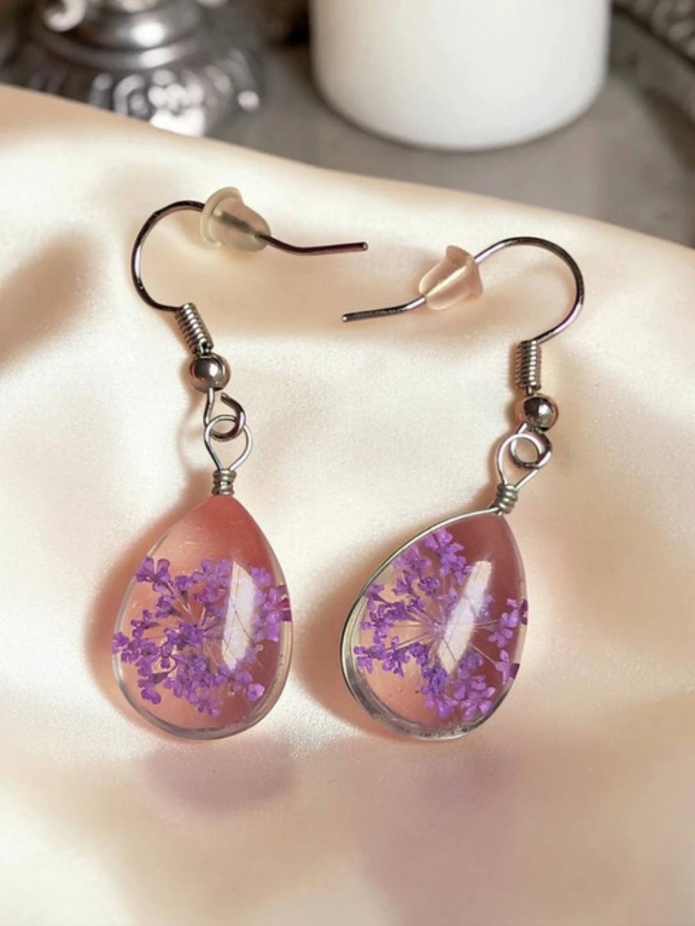 Fashion Jewelry Real Pressed Purple Flower Teardrop Earrings (New)